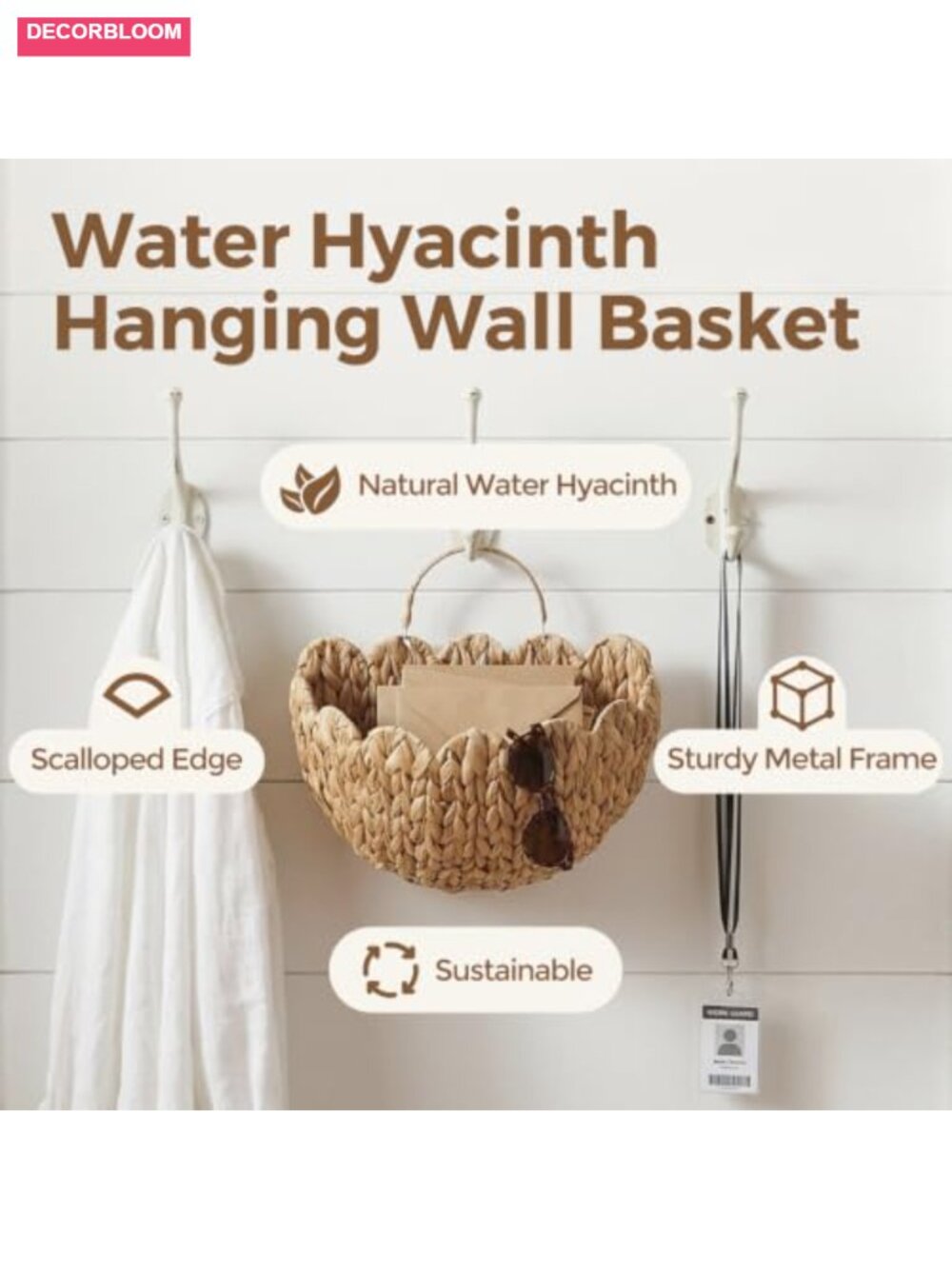 Scalloped Wicker Wall Basket, Water Hyacinth Hanging Basket with Handle, Boho - Picture 3 of 6
